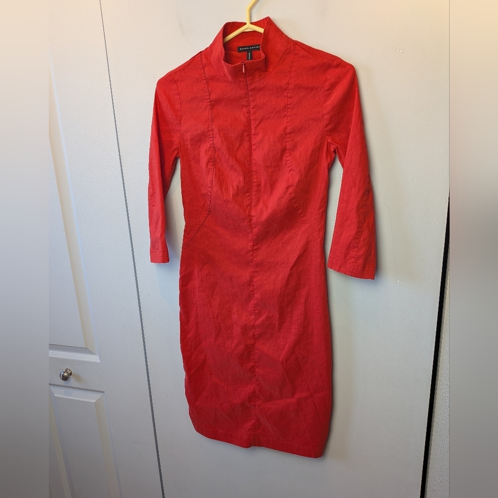 SARAH PACINI Designer Dress Midi Red Color Size 0 3/4 Sleeves Stretch Glossy